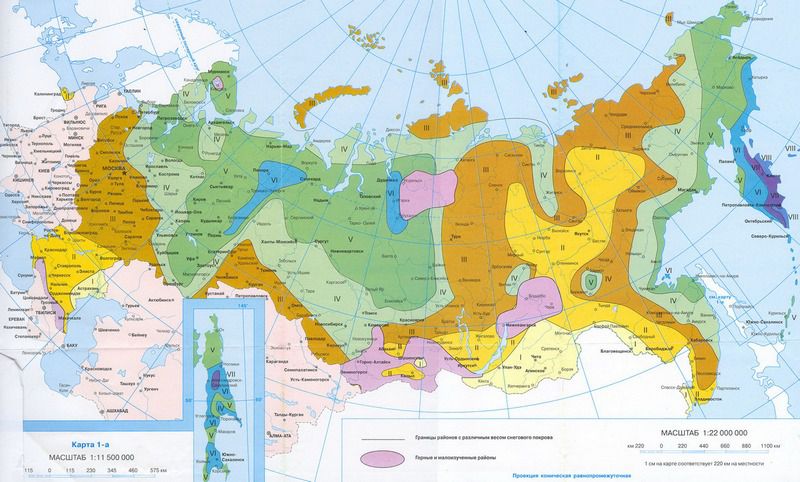 Разделение территории РФ на зоны по уровню снеговой нагрузки