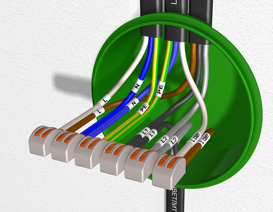 схема соединения проводов при подключении проходного диммера и выключателя света на светильник