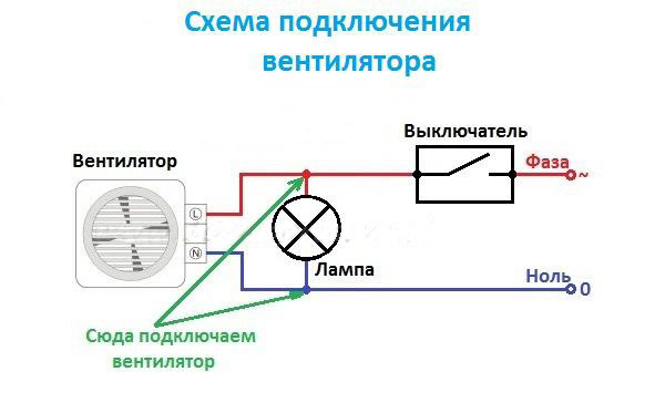 схема подключения вентилятора непосредственно от лампочки в ванной