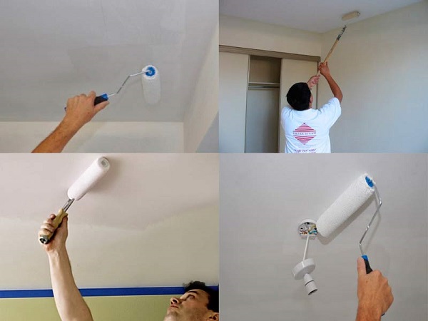 В работе может потребоваться помощник, который будет стоять внизу и оценивать качество покраски, оглядывая потолок под разными углами