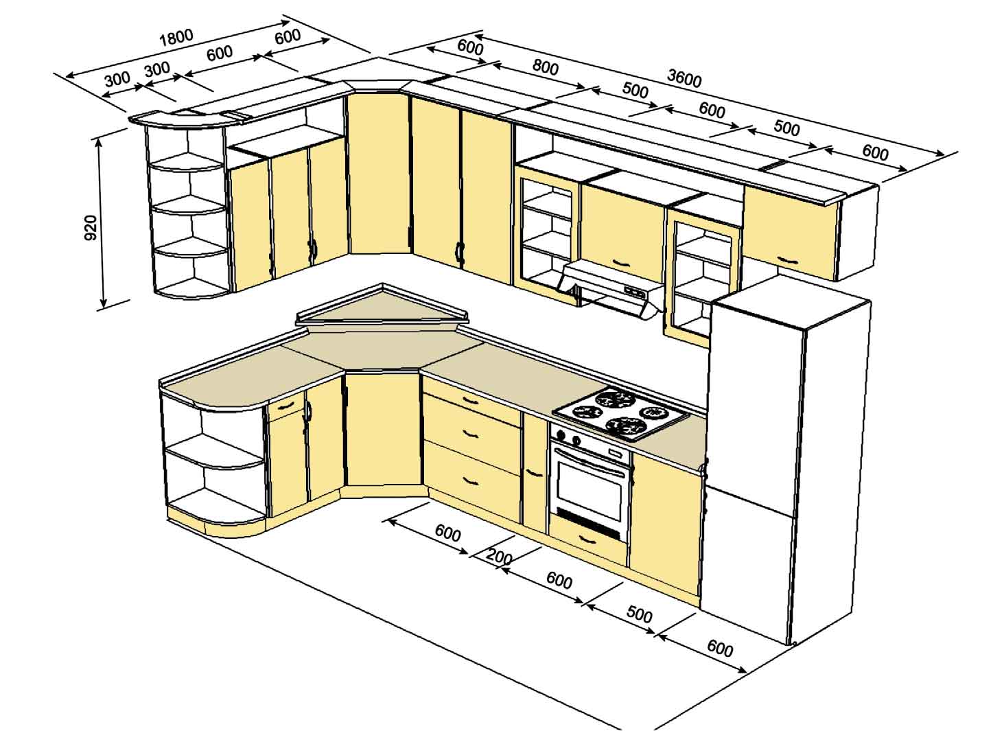 Кухонный гарнитур — важнейший элемент оснащения комнаты, поэтому его структуру проработайте на чертеже особо тщательно.