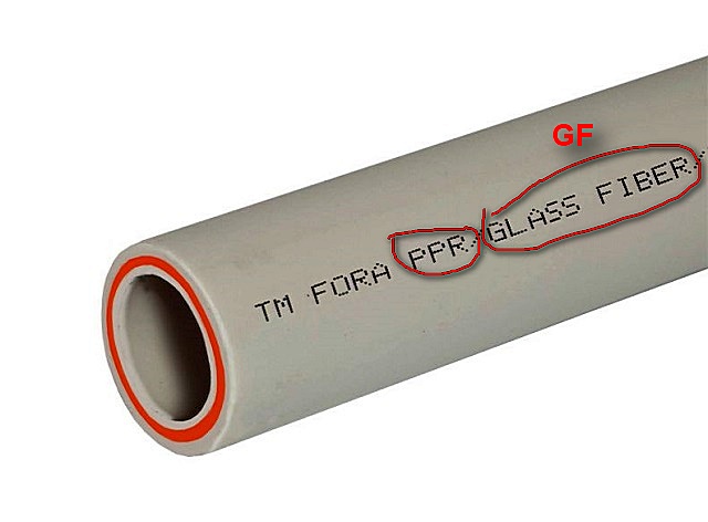 Маркировка, говорящая о предназначении изделия, расположена на его поверхности. GF или «Glass Fiber» обозначает стекловолоконное армирование. То, что надо для отопления.