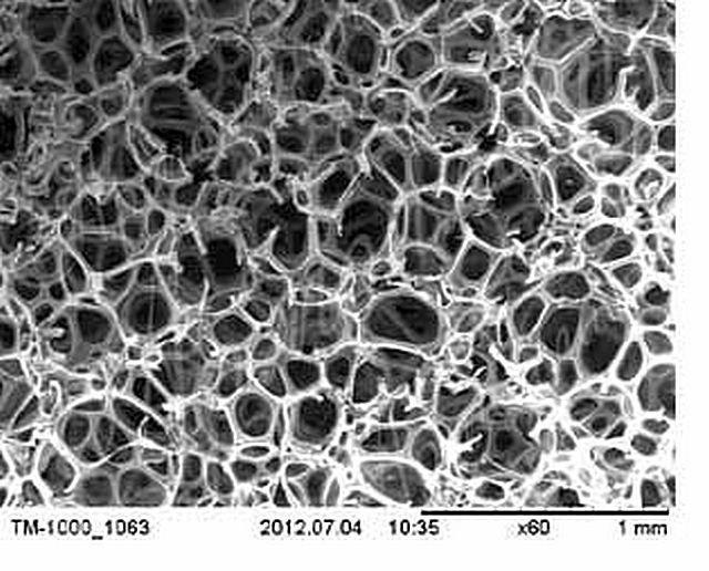 Пористая, или, наверное, более правильно, капиллярная, губчатая структура пеноизола под большим увеличением – никаких преград для водяных паров