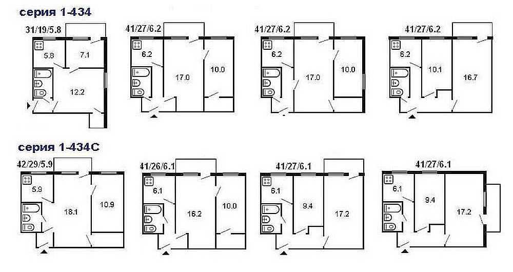 На схеме показаны типичные планировки двухкомнатных квартир в «хрущевках»