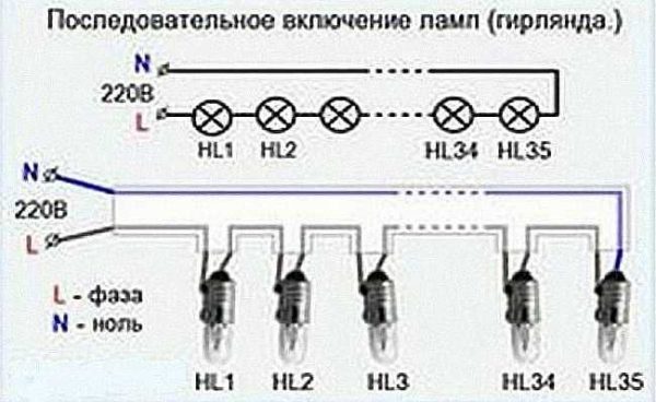 Схема последовательного подключения точечных светильников