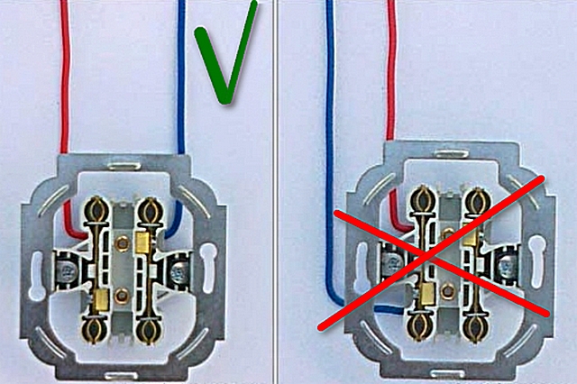 Довольно частая ошибка при монтаже двойной розетки – провода фазы и ноля зажимаются в клеммах на одной и той же шине.