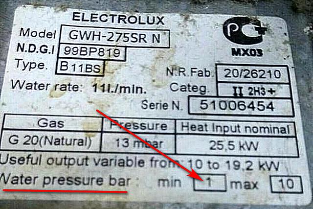 Шильдик газового проточного водонагревателя «Elеctrolux». Очевидно, что для этой модели колонки на входе требуется напор воды не менее 1 атмосферы.