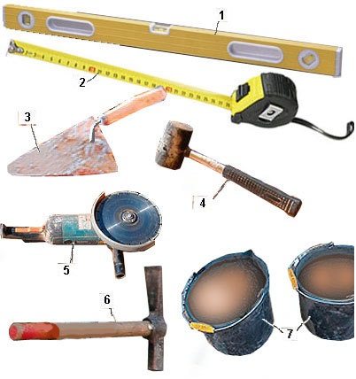 Стандартный набор инструмента каменщика.