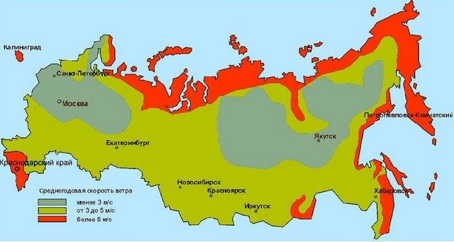 Карта-схема среднегодовой скорости ветра на территории России
